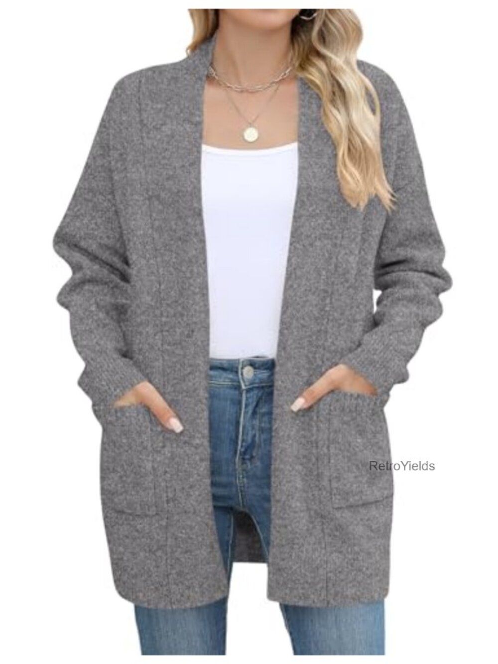 Women's Open Front Knit Cardigan Sweater with Pockets Casual Long Sleeve